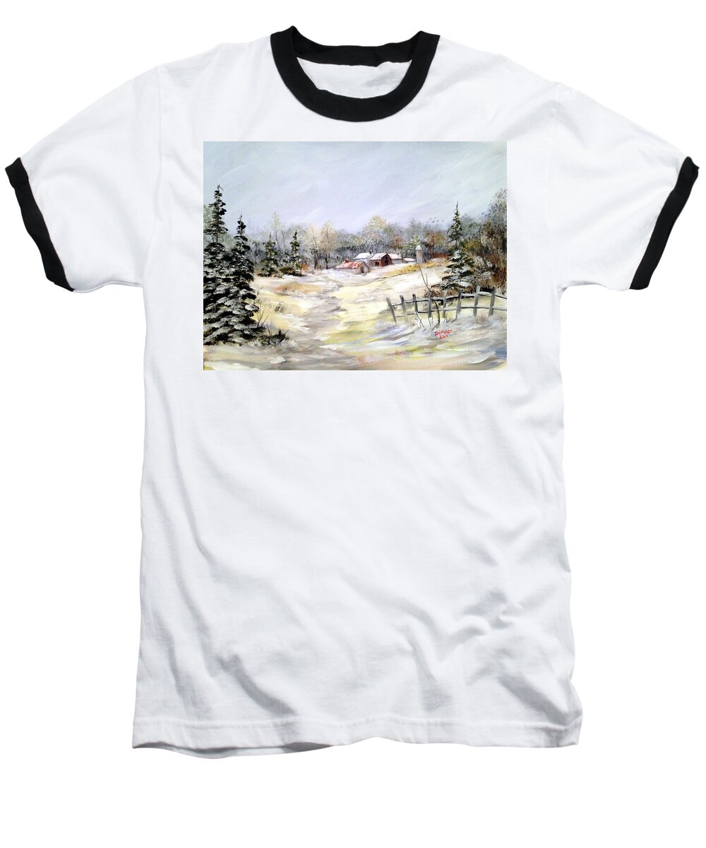 Winter Scene Baseball T-Shirt featuring the painting Winter at the Farm #2 by Dorothy Maier