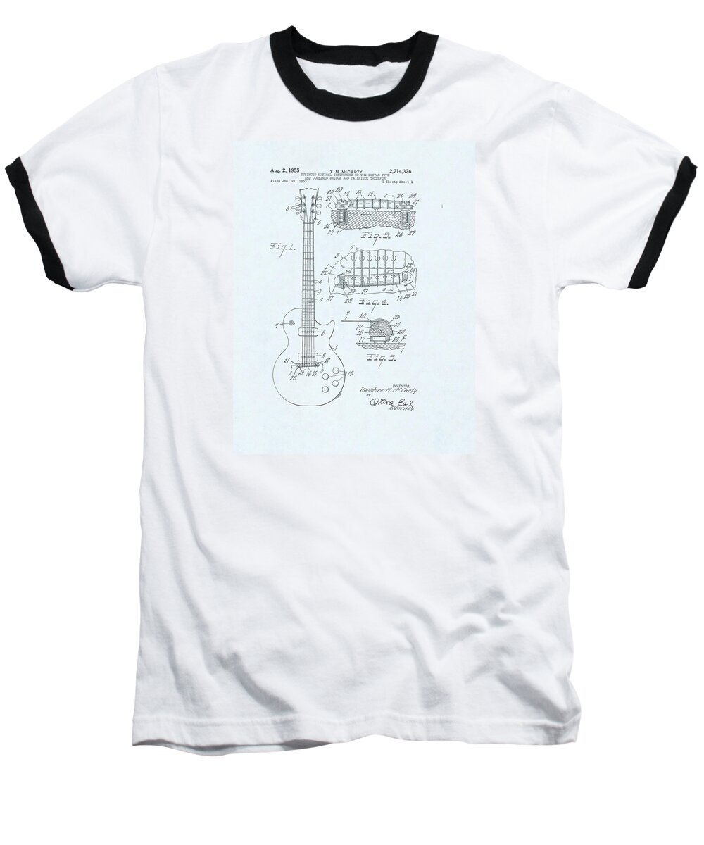 Electric Baseball T-Shirt featuring the drawing Guitar Patent Drawing on blue background by Steve Kearns