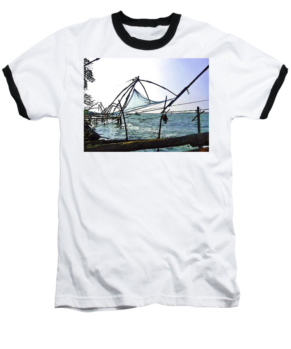 Action Baseball T-Shirt featuring the digital art Fishing nets on the sea coast in Alleppey #11 by Ashish Agarwal
