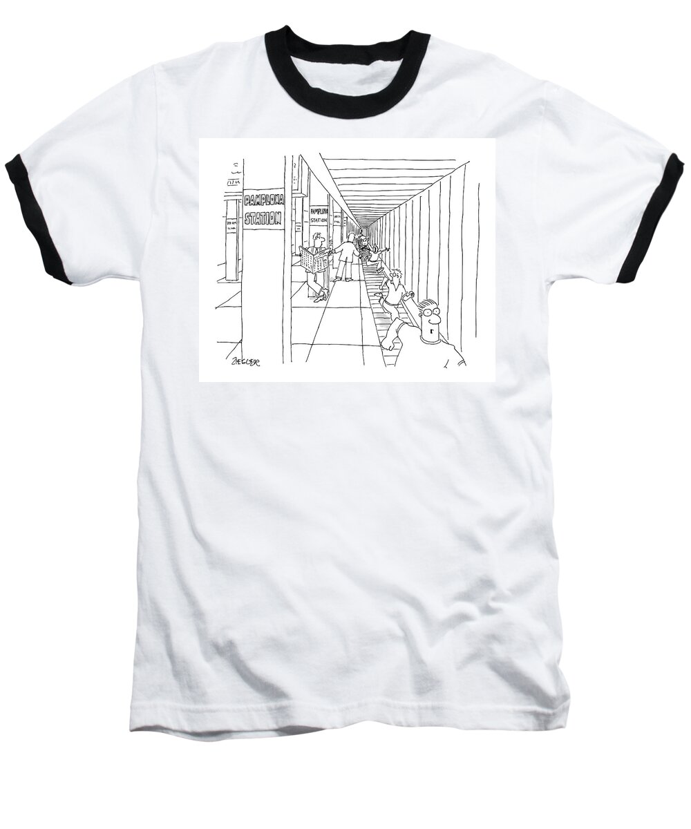 Regional Spain Running Of The Bulls

(commuters Running Down Tracks At A Train Station With Signs That Read: 'pamplona Station.') 122207 Jzi Jack Ziegler Baseball T-Shirt featuring the drawing New Yorker April 24th, 2006 by Jack Ziegler