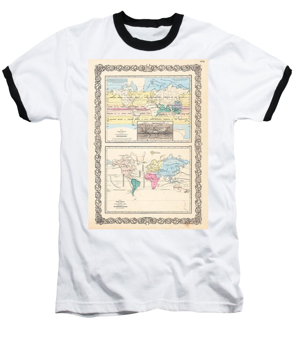 1855 Baseball T-Shirt featuring the photograph 1855 Antique World Maps Illustrating Principal Features of Meteorology Rain and Principal Plants by Karon Melillo DeVega