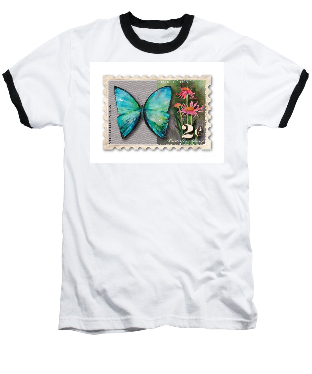 Blue Baseball T-Shirt featuring the painting 2 Cent Butterfly Stamp by Amy Kirkpatrick