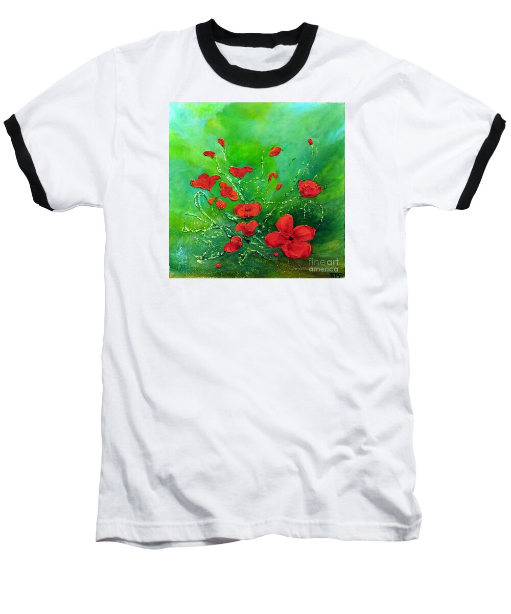 Acrylic Painting On Canvas Baseball T-Shirt featuring the painting Red Poppies #2 by Teresa Wegrzyn
