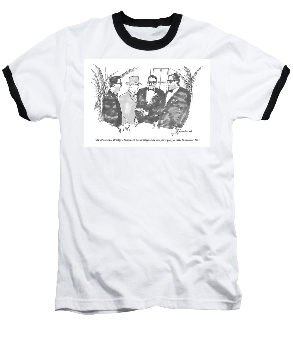Regional New York City Violence Guns 

(gangsters With A Gun Baseball T-Shirt featuring the drawing We All Moved To Brooklyn by Michael Crawford