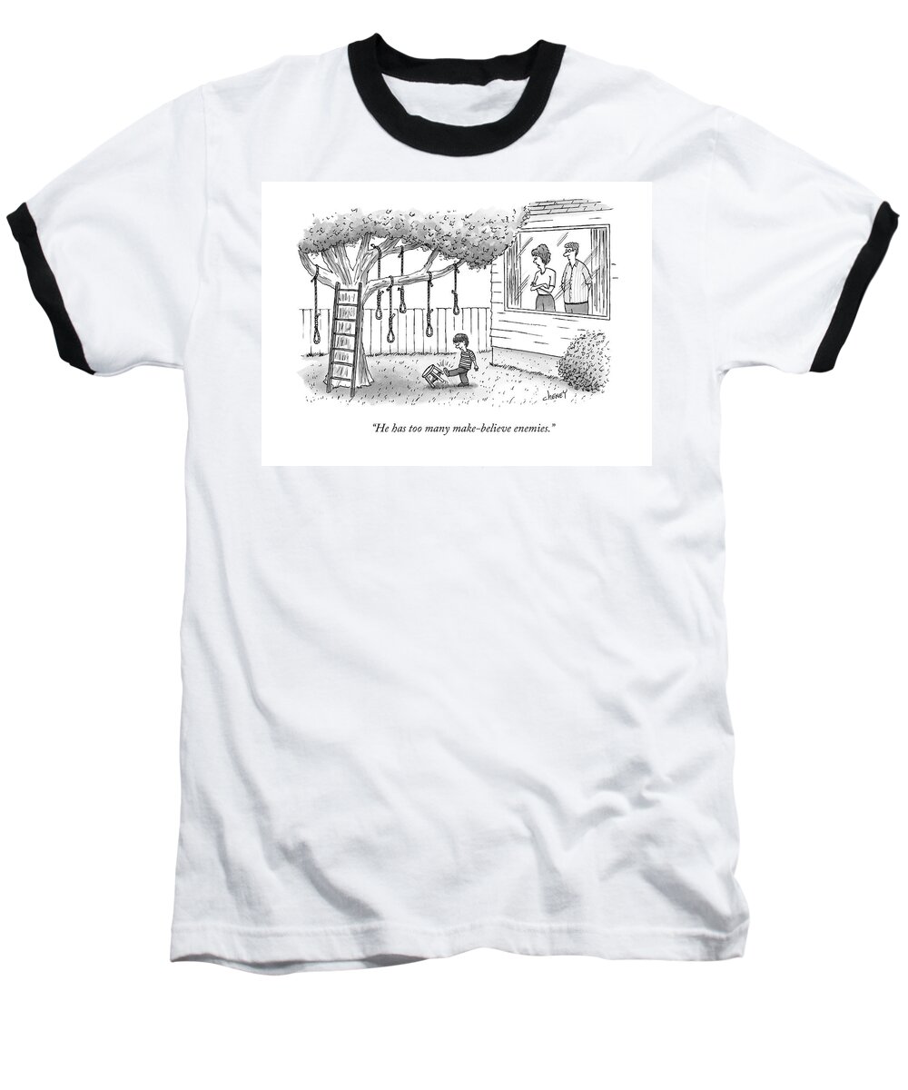 Noose Baseball T-Shirt featuring the drawing He Has Too Many Make-believe Enemies by Tom Cheney
