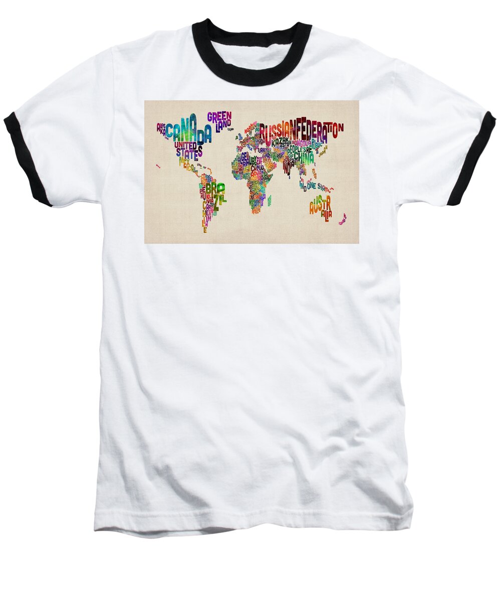 Map Of The World Baseball T-Shirt featuring the digital art Text Map of the World #5 by Michael Tompsett