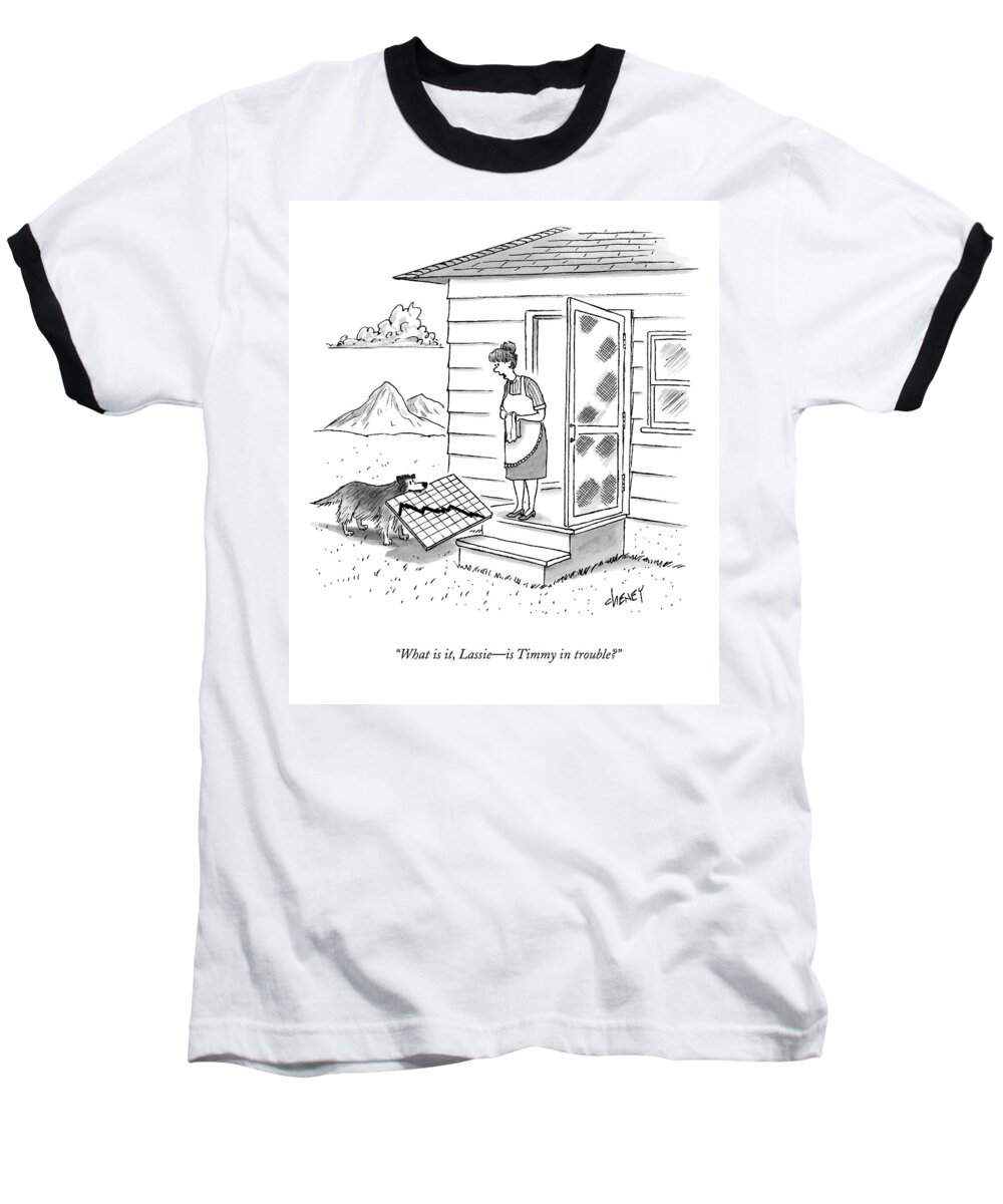 Graphs Baseball T-Shirt featuring the drawing What Is It, Lassie - Is Timmy In Trouble? by Tom Cheney