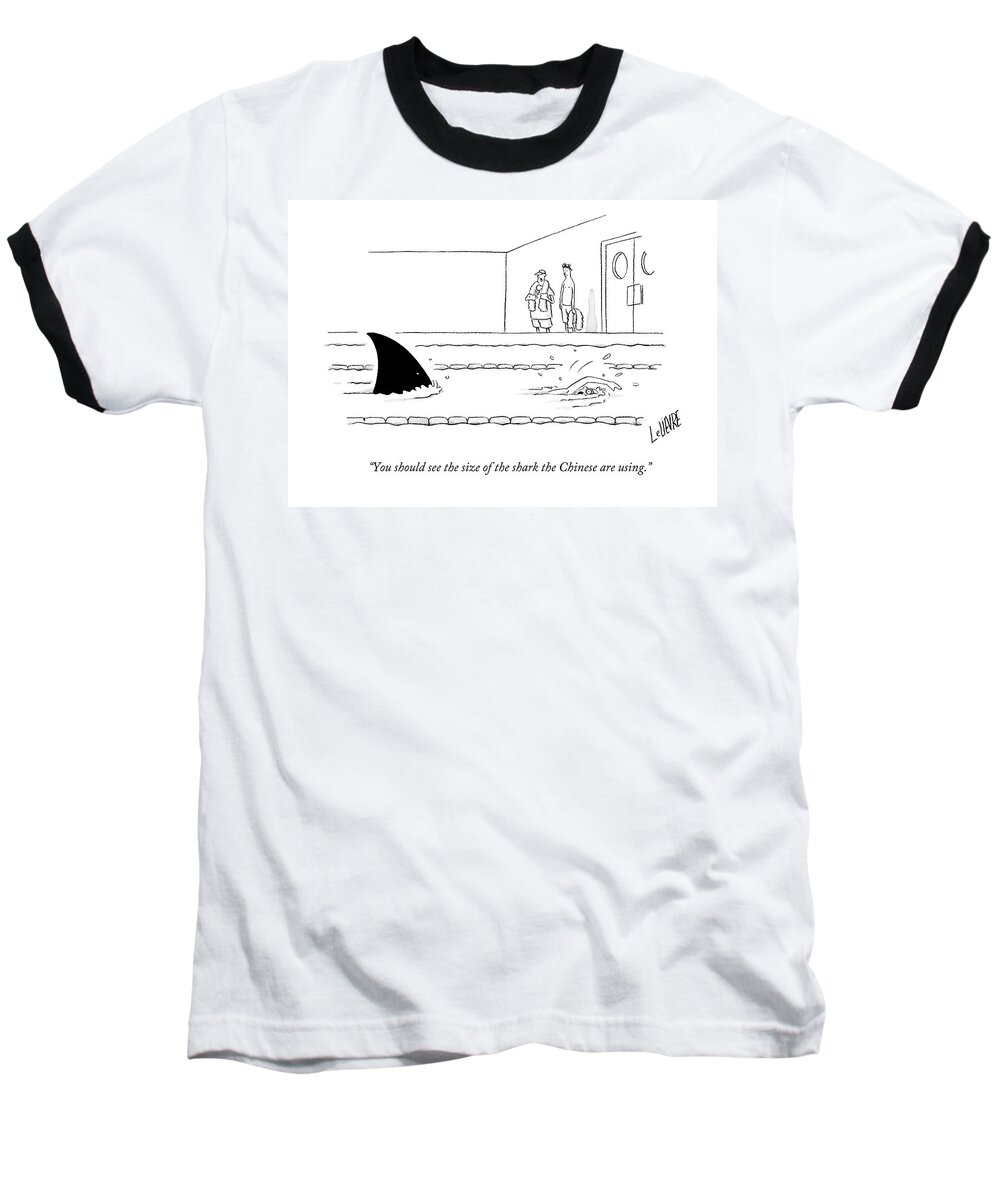 Swimming Baseball T-Shirt featuring the drawing You Should See The Size Of The Shark The Chinese by Glen Le Lievre