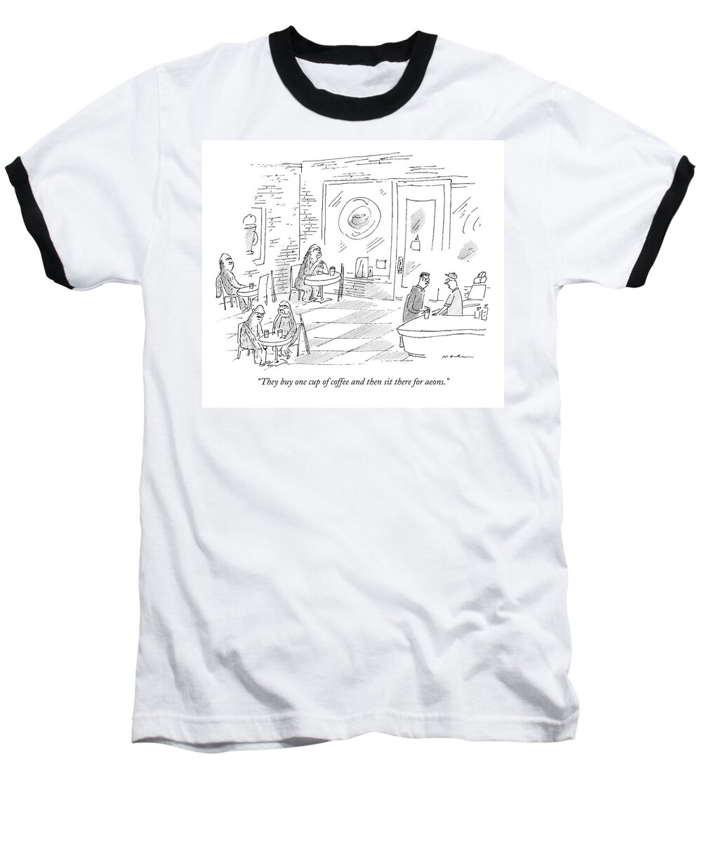 Evolution Coffee Shop Baseball T-Shirt featuring the drawing A Barista In A Coffee Shop Speaks To A Patron by Michael Maslin