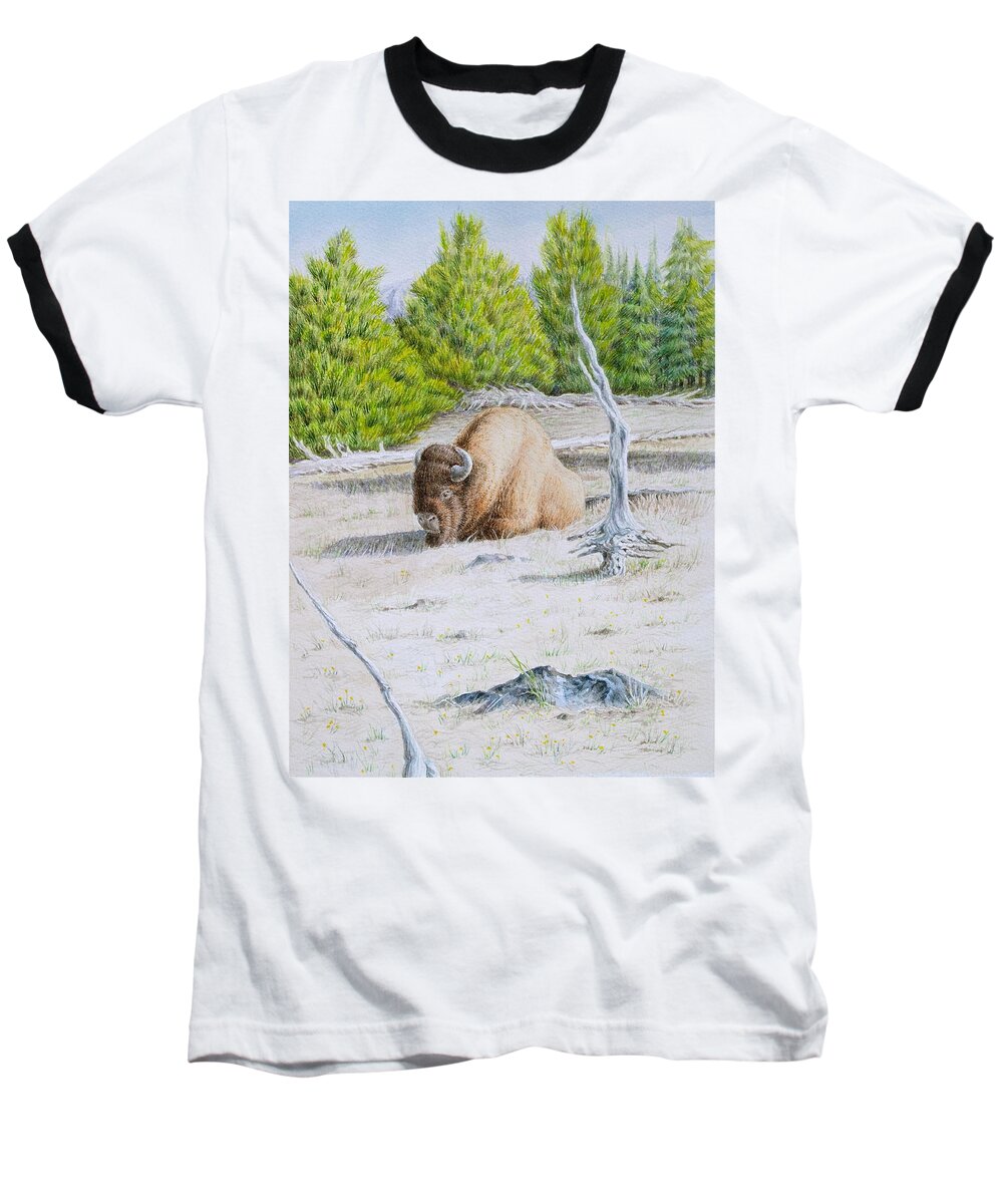 Buffalo Baseball T-Shirt featuring the painting A Buffalo Sits in Yellowstone by Michele Myers
