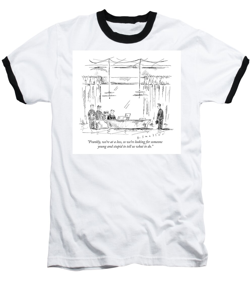 Corporate Baseball T-Shirt featuring the drawing A Business Team Speaks To A Young Man by Barbara Smaller