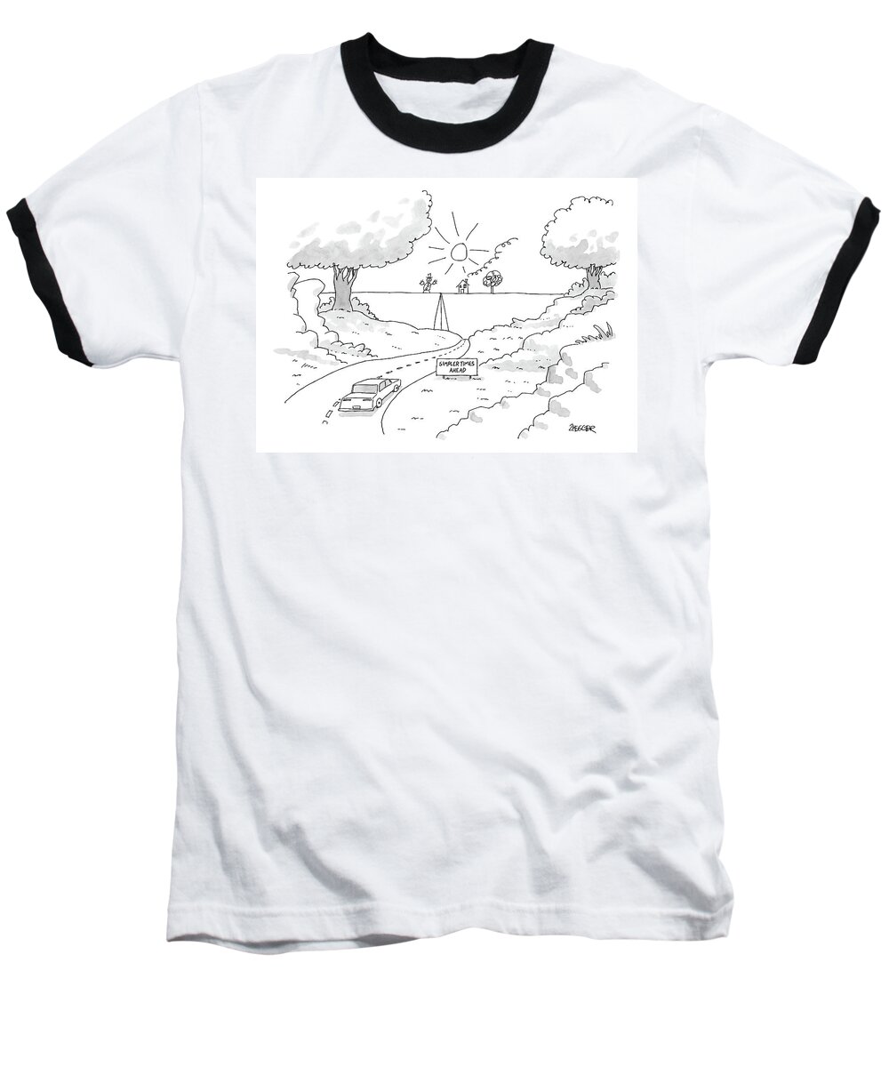 Car Baseball T-Shirt featuring the drawing A Car On A Winding Road Heads For A Straight Road by Jack Ziegler