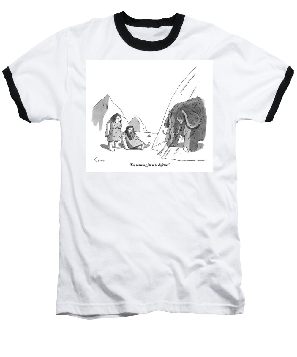 Cavemen Baseball T-Shirt featuring the drawing A Caveman And A Cavewoman Wait For An Iced Wooly by Zachary Kanin