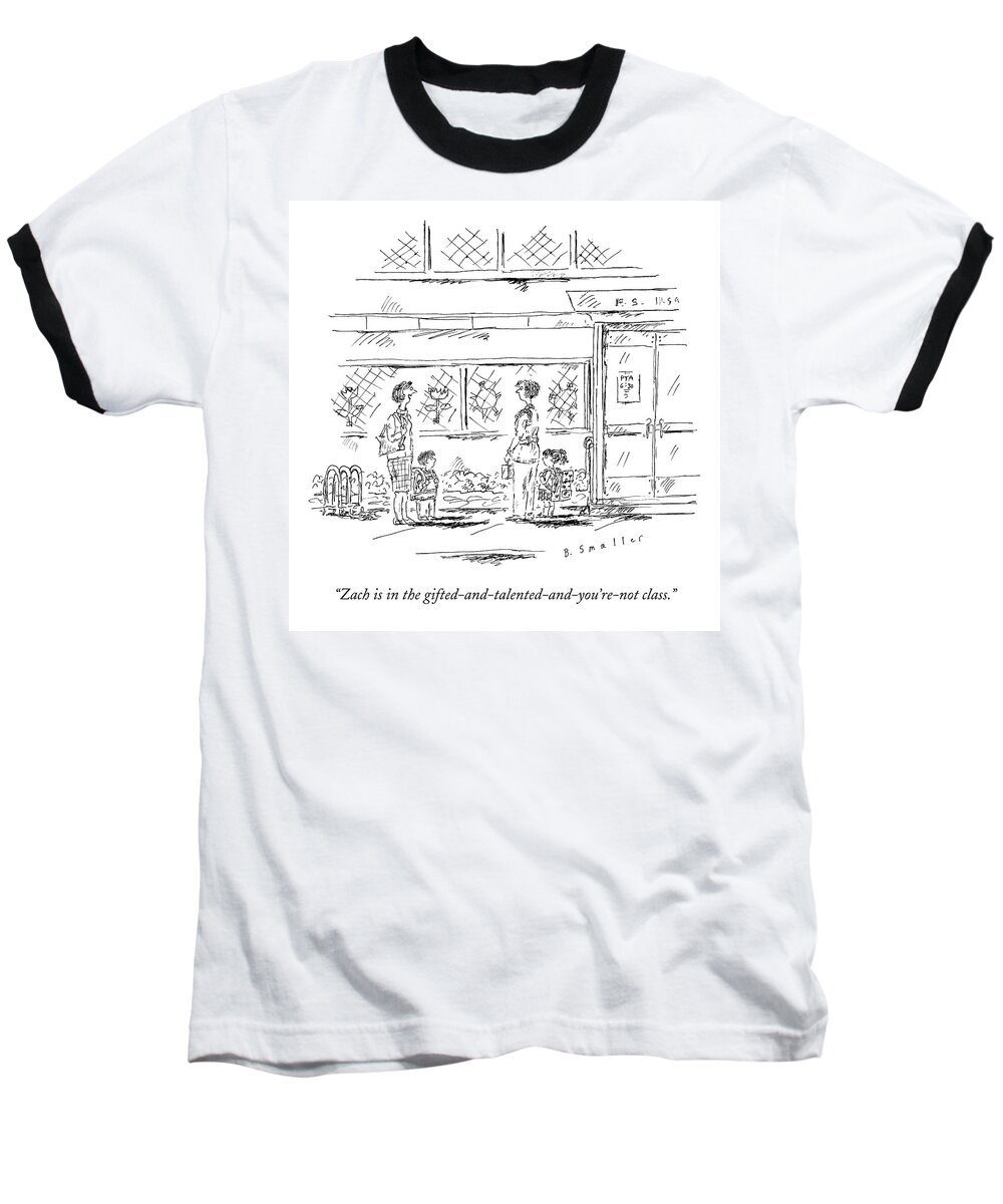 Gifted Baseball T-Shirt featuring the drawing A Cheery Mother With Her Young Son Tells A Glum by Barbara Smaller
