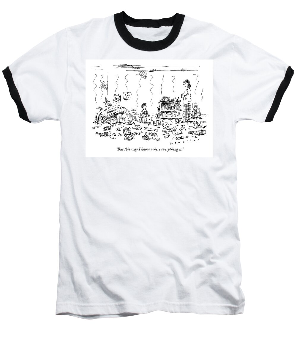 Child-rearing Baseball T-Shirt featuring the drawing A Child And Mother Discussing A Very Messy Room by Barbara Smaller