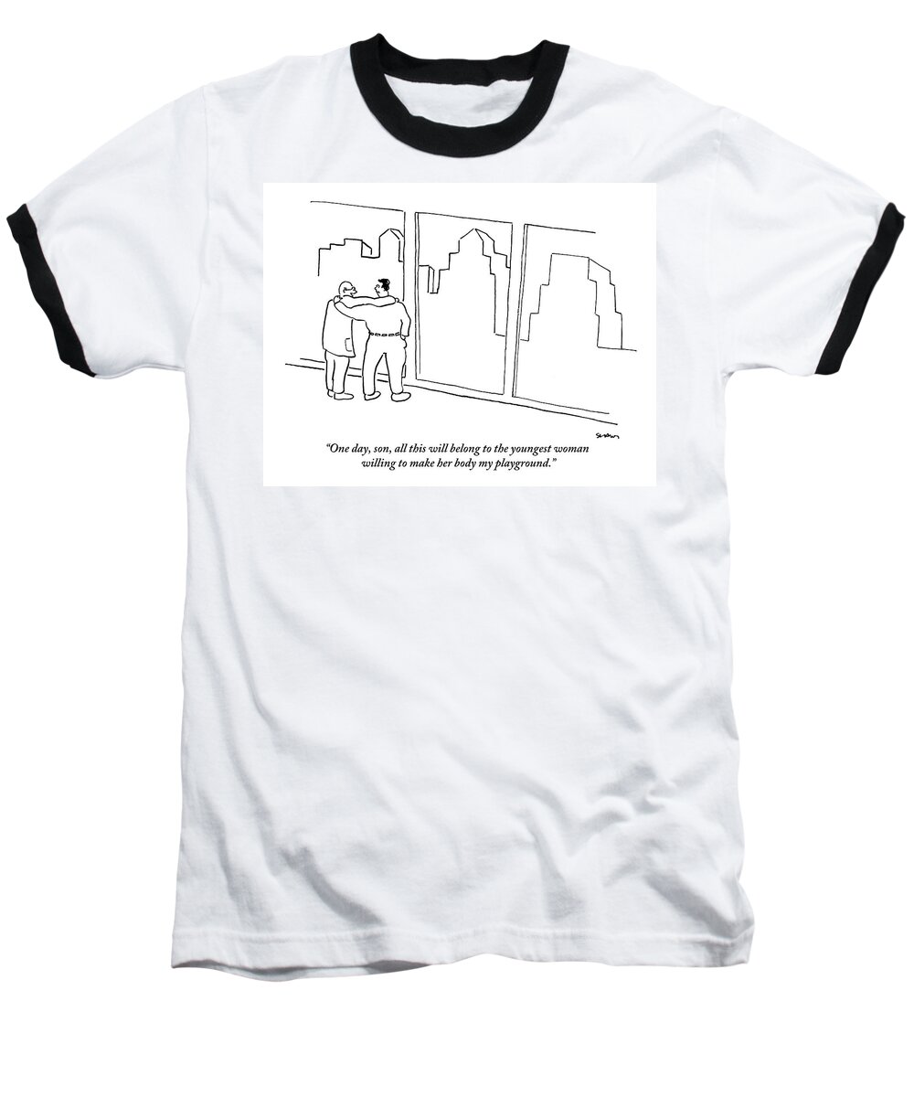 A Father And Son Have Their Arms Over Each Other's Shoulders. They Are Looking At A City Through Big Windows.
 Media Id 133697 Baseball T-Shirt featuring the drawing A Father And Son Have Their Arms Over Each by Michael Shaw