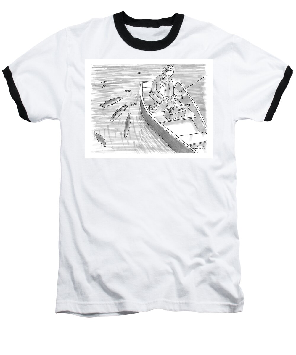 Fishing Baseball T-Shirt featuring the drawing A Fisherman On A Rowboat Looks At The Fish by Michael Crawford