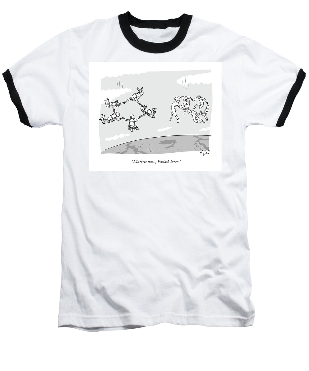 Cctk Sky Diving Baseball T-Shirt featuring the drawing A Group Of Skydivers Fly Though The Air Next by Farley Katz