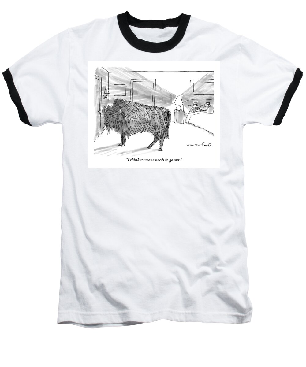 Dogs Baseball T-Shirt featuring the drawing A Large Buffalo Stands Near The Door by Michael Crawford