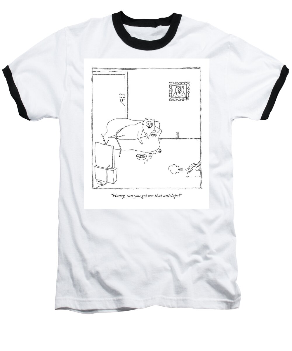 Lazy Baseball T-Shirt featuring the drawing A Lion On The Couch Of A Living Room Watches Tv by Liana Finck
