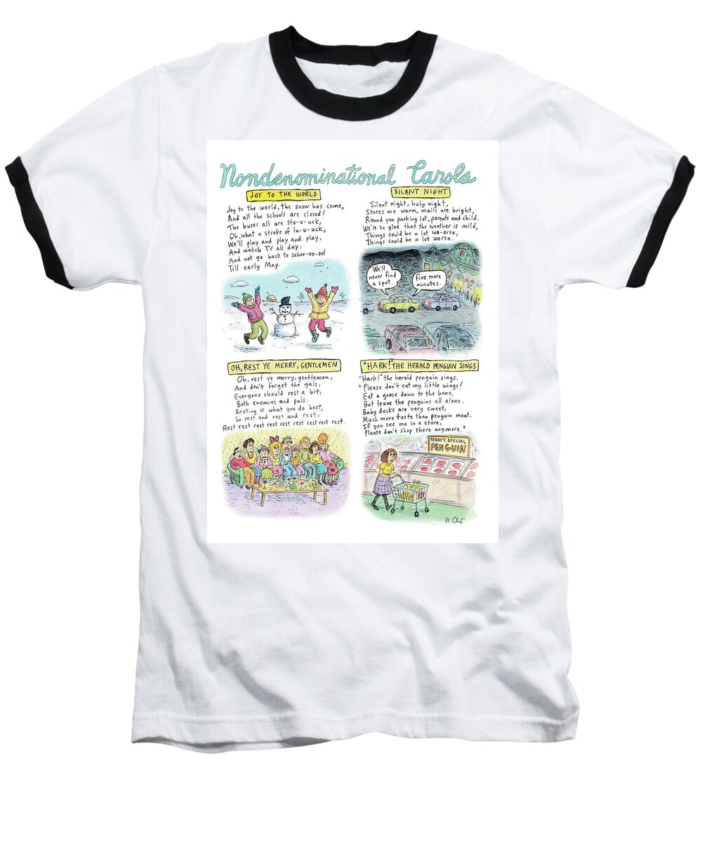 Non-denominational Christmas Baseball T-Shirt featuring the drawing A Long Description Of Various Non-denominational by Roz Chast