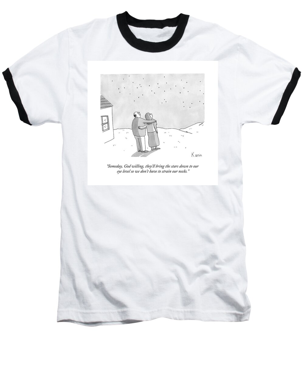 Stargaze Baseball T-Shirt featuring the drawing A Man And A Woman Look At The Stars On Their Lawn by Zachary Kanin