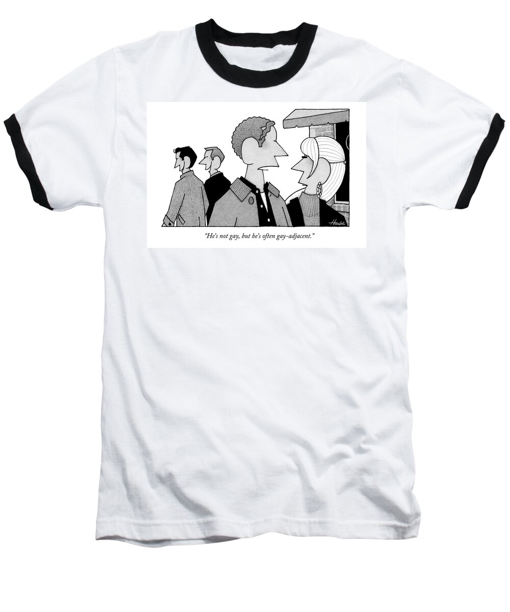 Gay Baseball T-Shirt featuring the drawing A Man And Woman Speak While Two Men Talk by William Haefeli