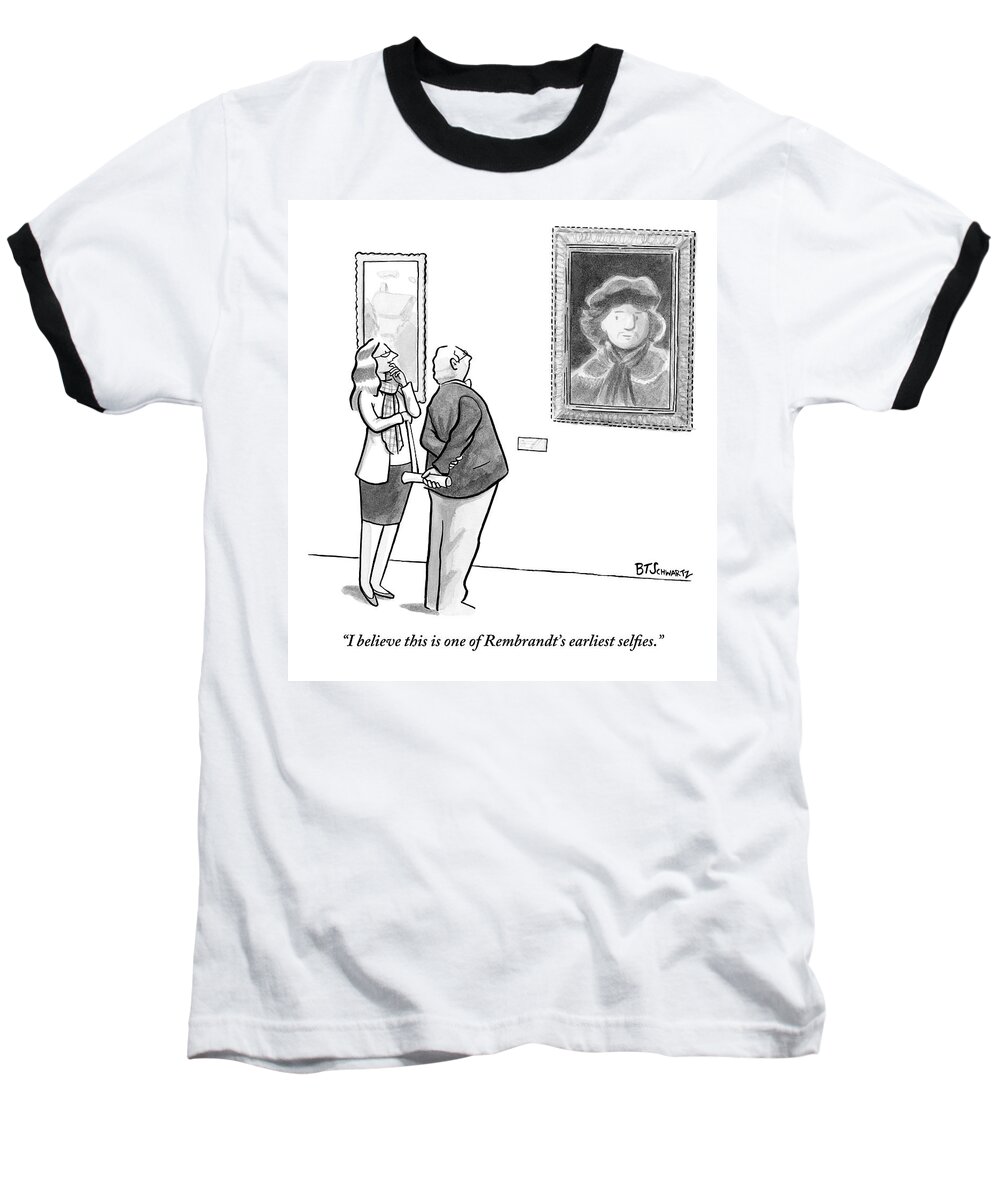 Internet Slang Baseball T-Shirt featuring the drawing A Man And Woman Stand In A Museum Looking by Benjamin Schwartz