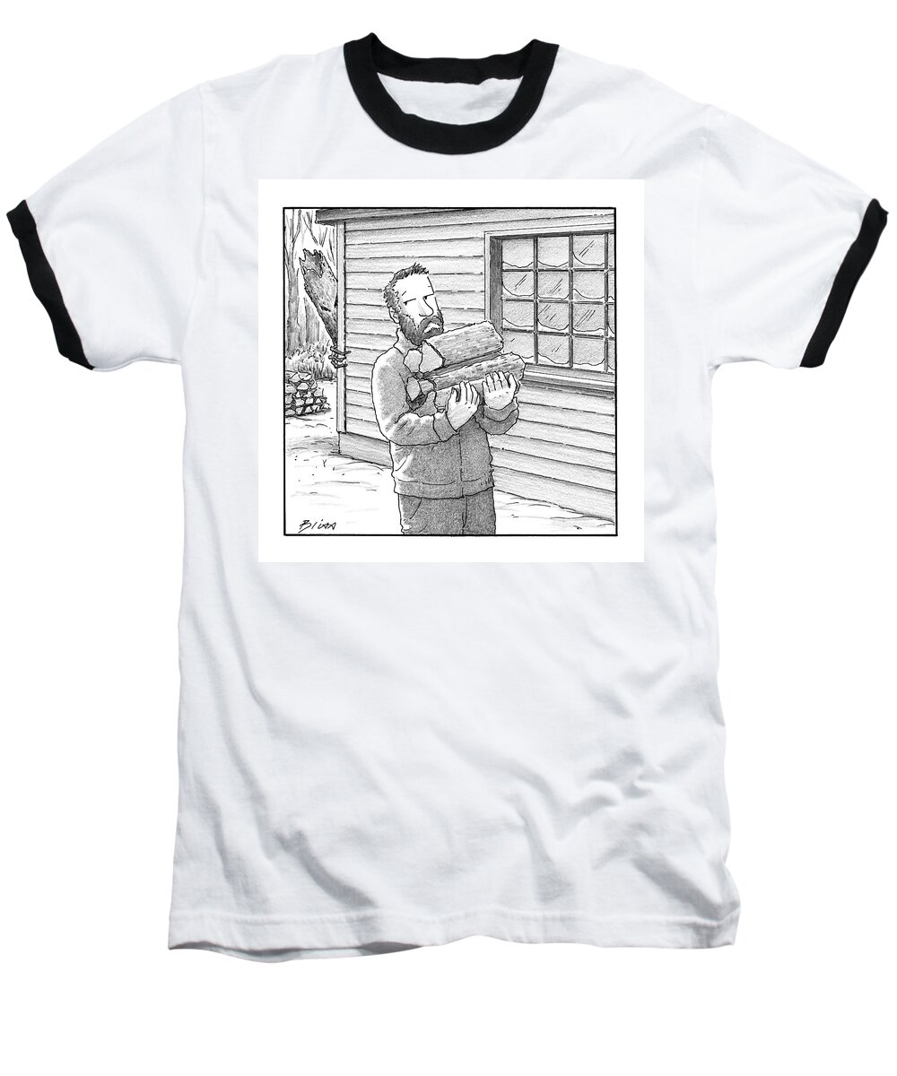 Captionless Horror Movie Baseball T-Shirt featuring the drawing A Man Carries Firewood Back To His Cabin by Harry Bliss