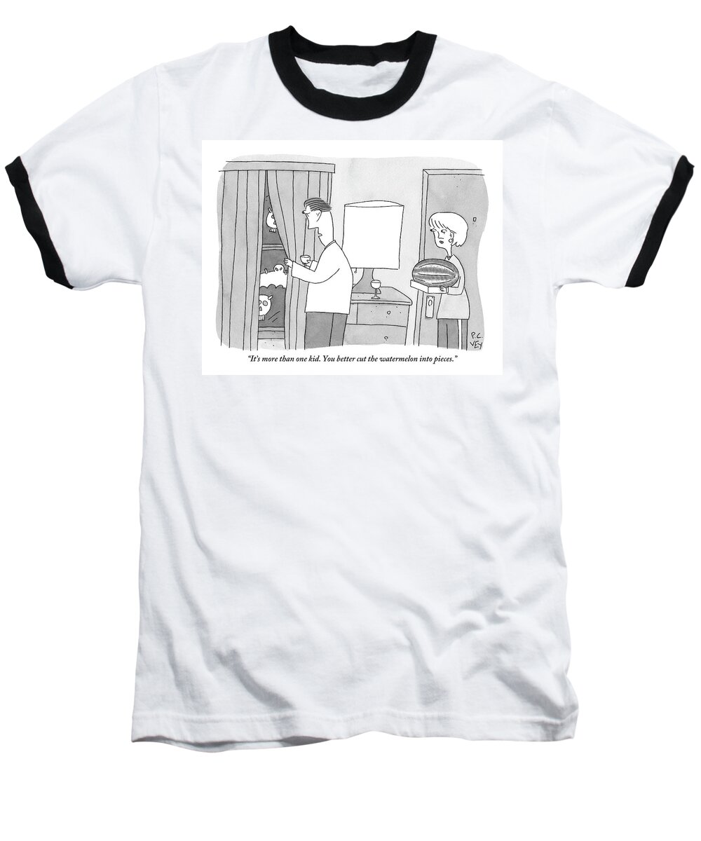 Halloween Baseball T-Shirt featuring the drawing A Man Peers Out The Window At Trick-or-treaters by Peter C. Vey