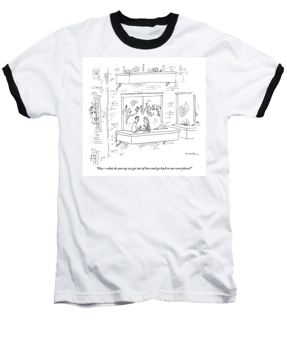 Parties Baseball T-Shirt featuring the drawing A Man Says To A Woman On The Terrace by Michael Maslin