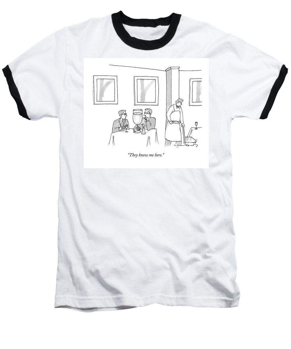 Alcohol Baseball T-Shirt featuring the drawing A Man Sits At A Restaurant Table With An Enormous by Michael Crawford