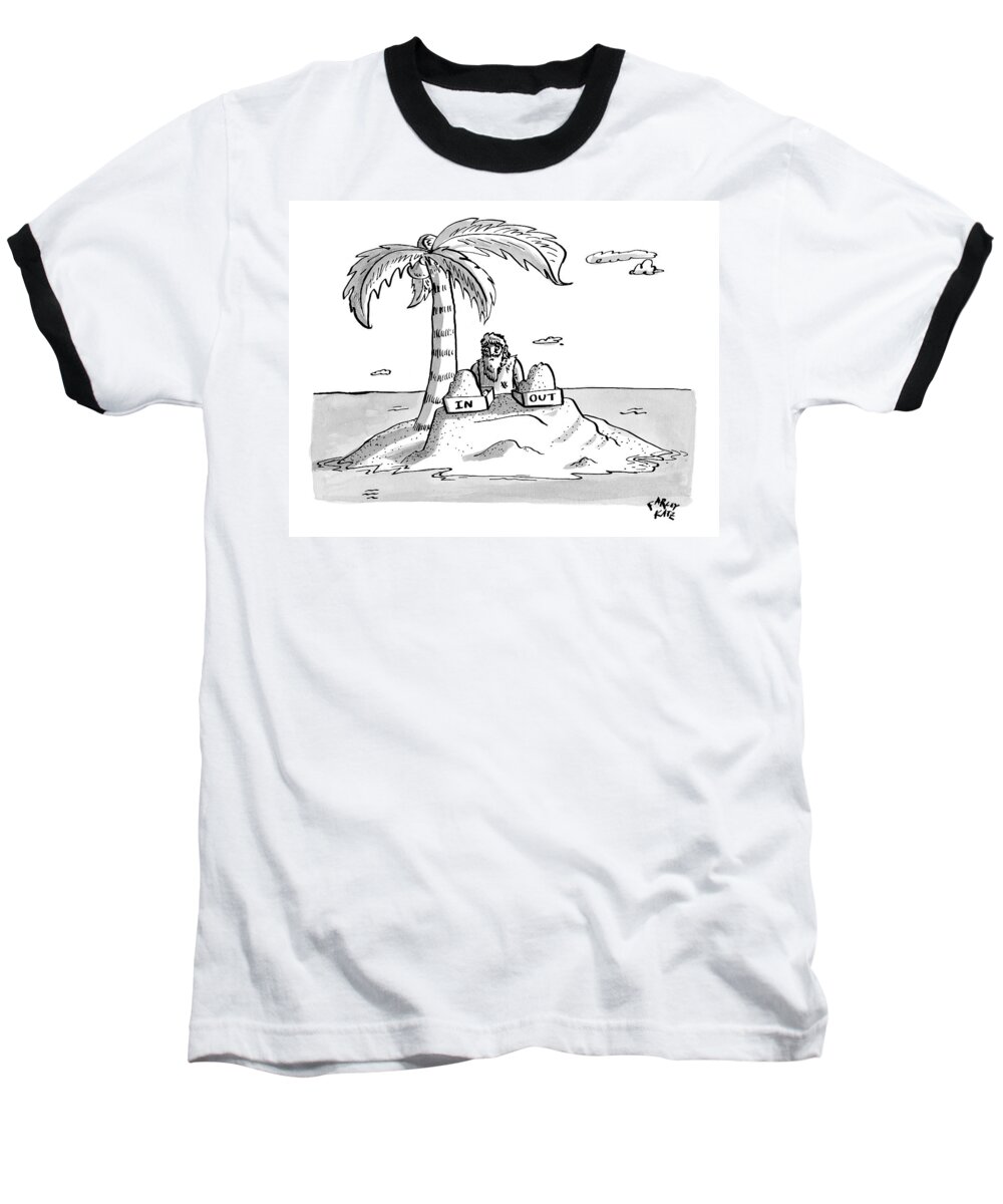 Captionless. Labels: And Baseball T-Shirt featuring the drawing A Man Sits On A Deserted Island With Two Boxes: by Farley Katz