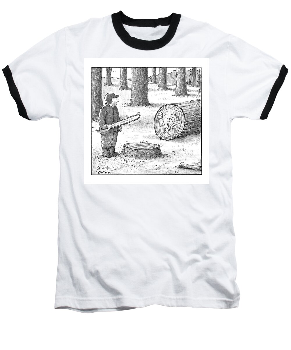 Captionless Trees Baseball T-Shirt featuring the drawing A Man Who Has Just Cut Down A Tree Sees That by Harry Bliss