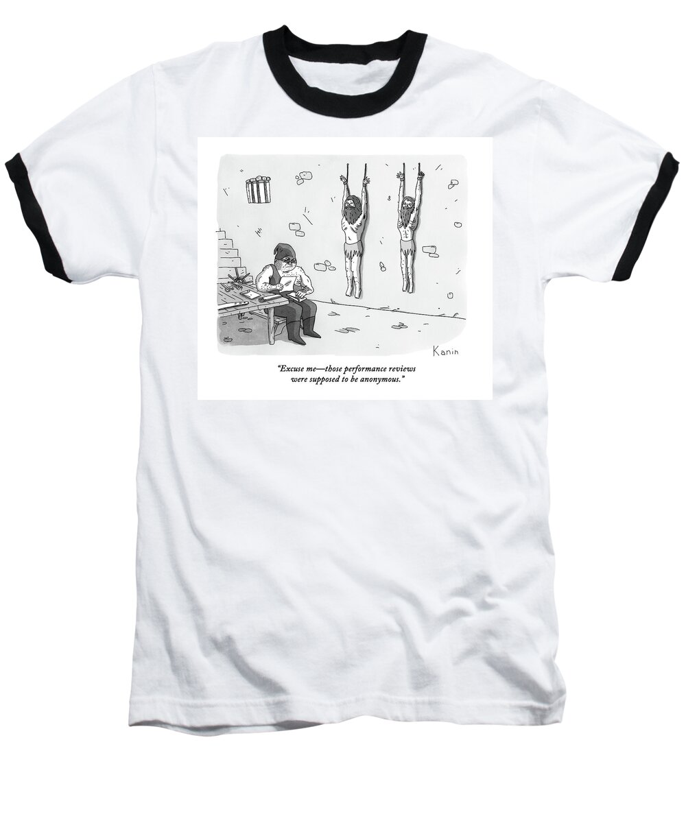 Prison Baseball T-Shirt featuring the drawing A Prisoner In A Dungeon Speaks To A Torturer Who by Zachary Kanin