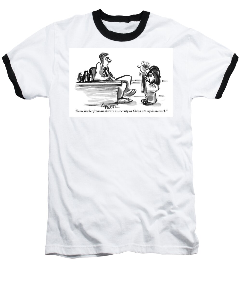 Dog Ate My Homework Baseball T-Shirt featuring the drawing A Student With A Backpack Is Seen Speaking by Lee Lorenz