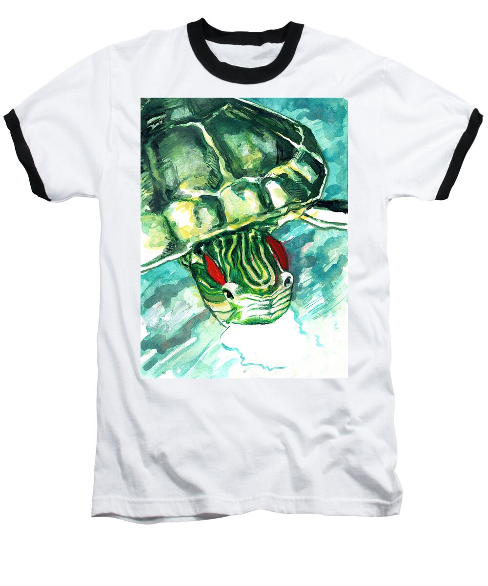 Turtle Baseball T-Shirt featuring the painting A Turtle Who Likes To Eat Fish by Rene Capone