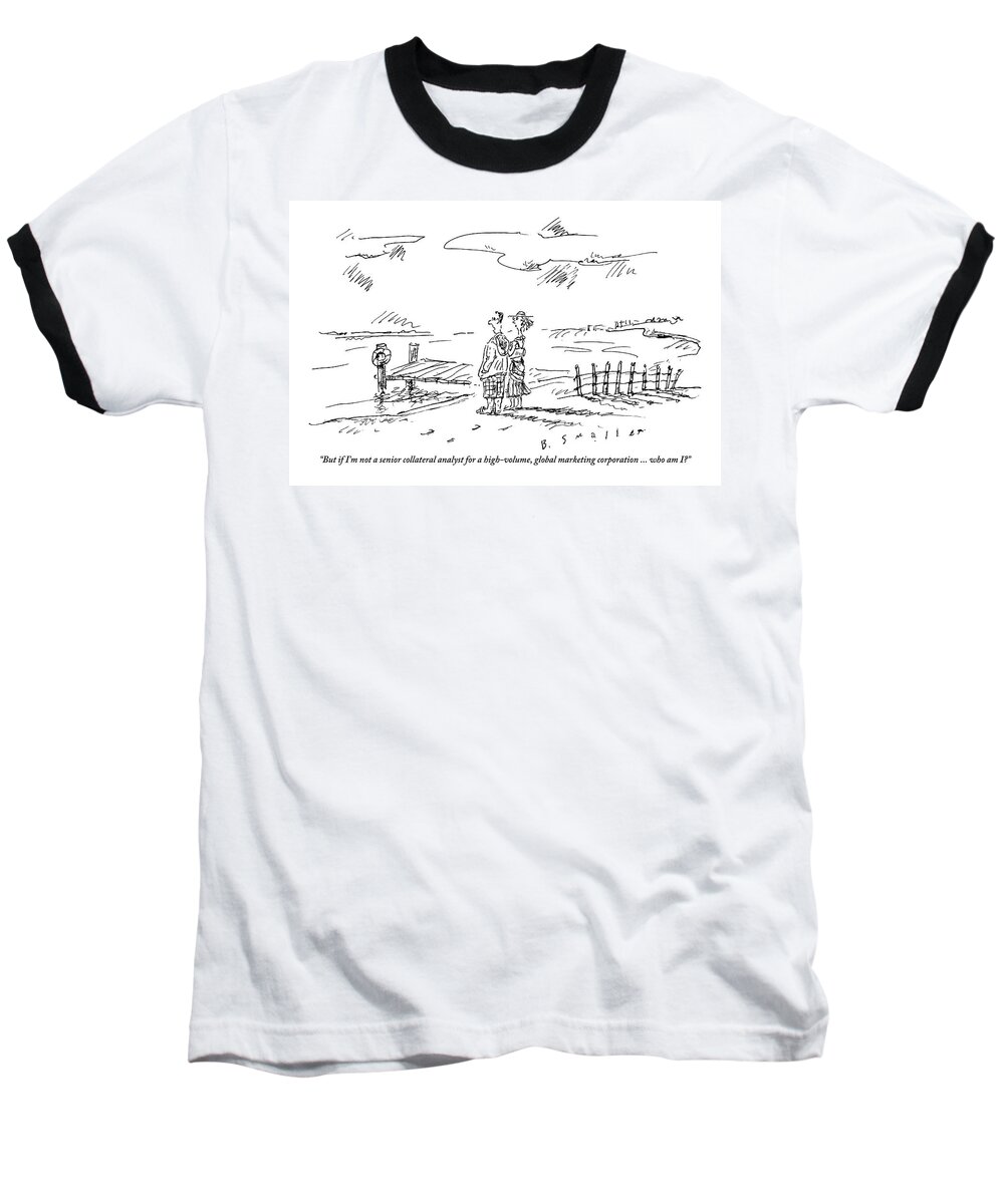 Identity Baseball T-Shirt featuring the drawing A Vacationing Couple Stands On A Beach by Barbara Smaller