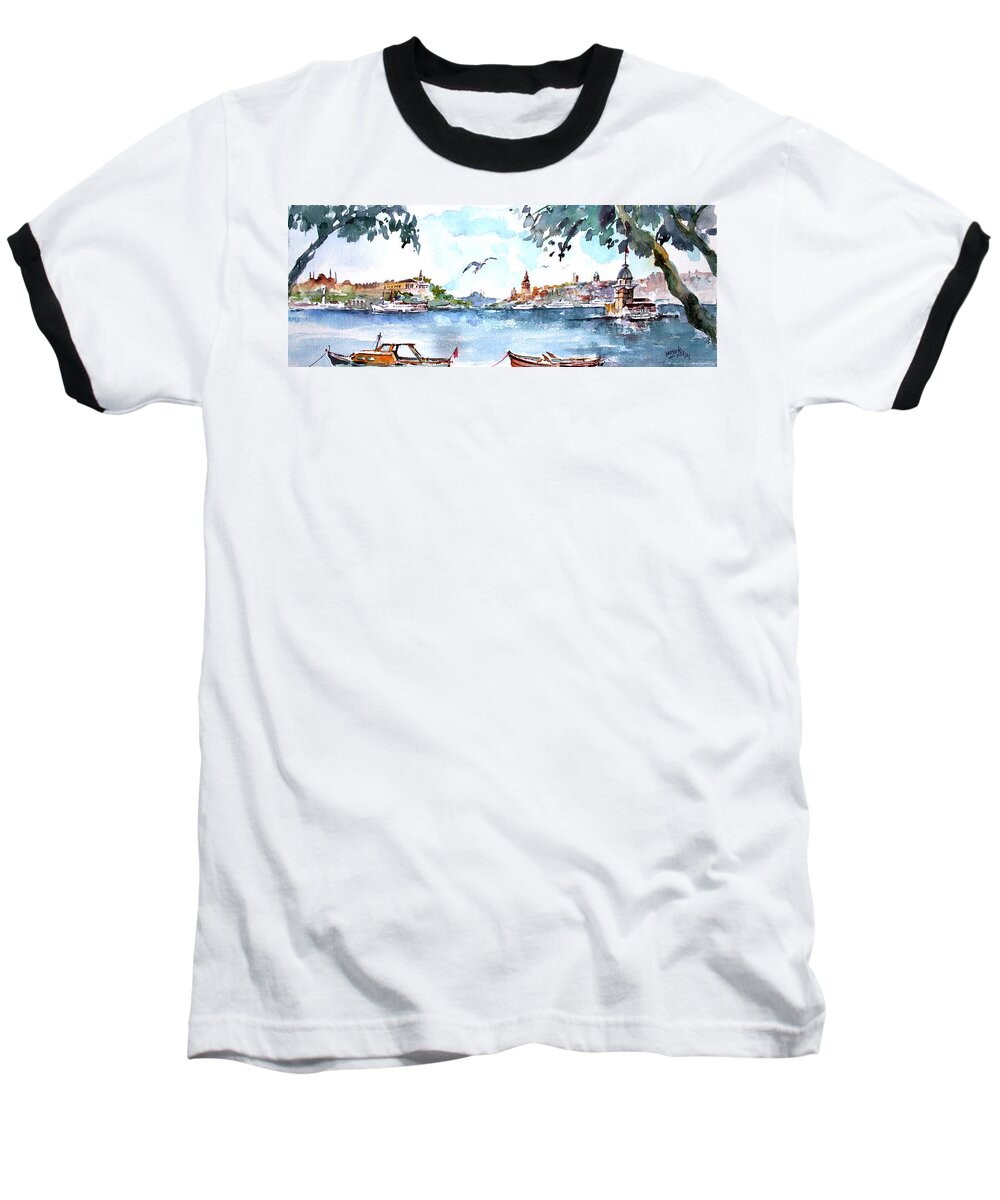 Historical Baseball T-Shirt featuring the painting A View of the Historical Peninsula from Uskudar - Istanbul by Faruk Koksal
