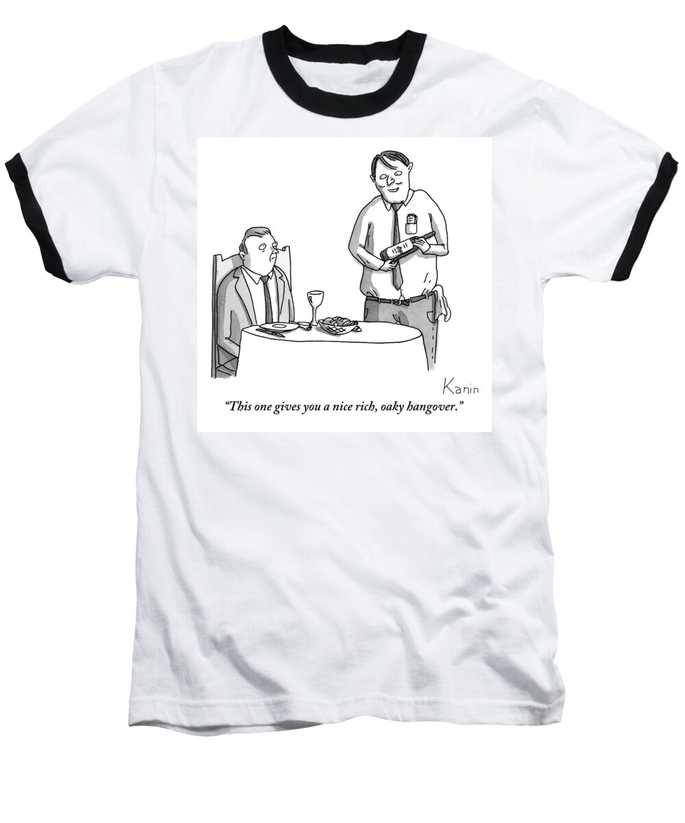 Hangover Baseball T-Shirt featuring the drawing A Waiter Describes The Bottle Of Wine He Holds by Zachary Kanin
