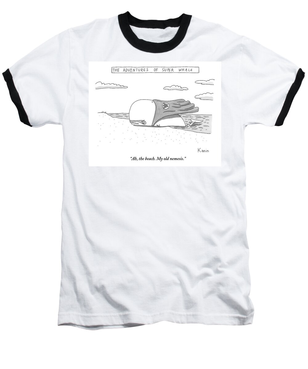 Cape Baseball T-Shirt featuring the drawing A Whale In A Cape Is Laying On A Beach by Zachary Kanin