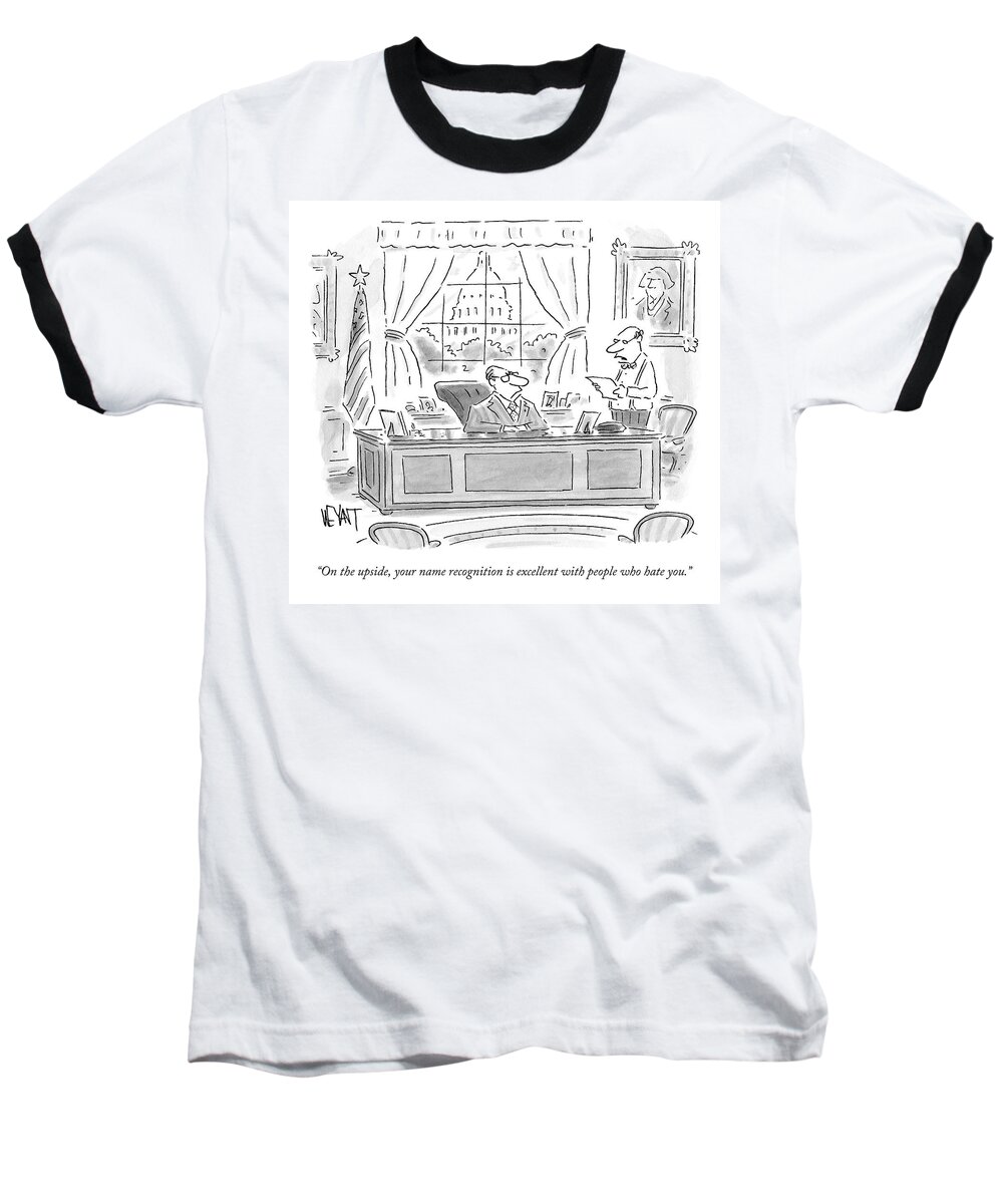 President Baseball T-Shirt featuring the drawing A White House Aid Holding A Document Addresses by Christopher Weyant