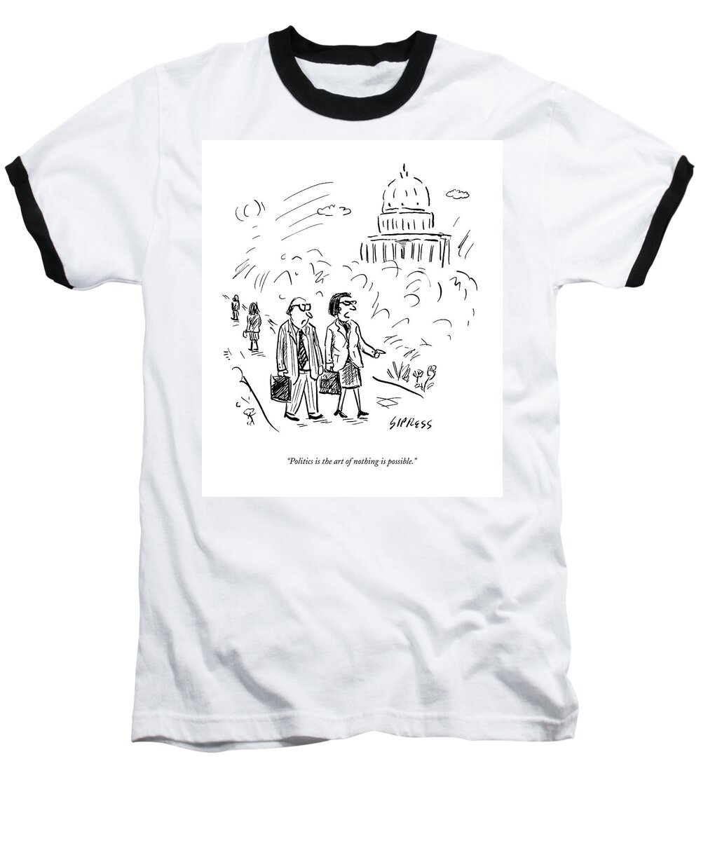 Politics Baseball T-Shirt featuring the drawing A Woman And Man Speak As They Walk by David Sipress