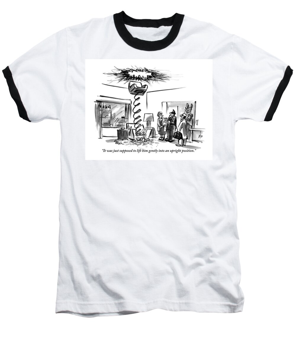 Chairs Baseball T-Shirt featuring the drawing A Woman Is Speaking With Two Policemen Next by Lee Lorenz