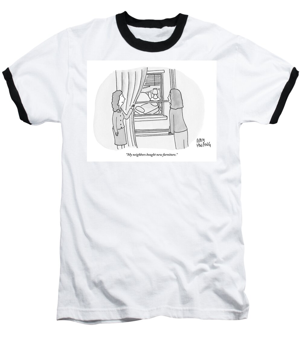 Neighbor Baseball T-Shirt featuring the drawing A Woman Pulls Back The Curtain So Her Friend by Amy Hwang