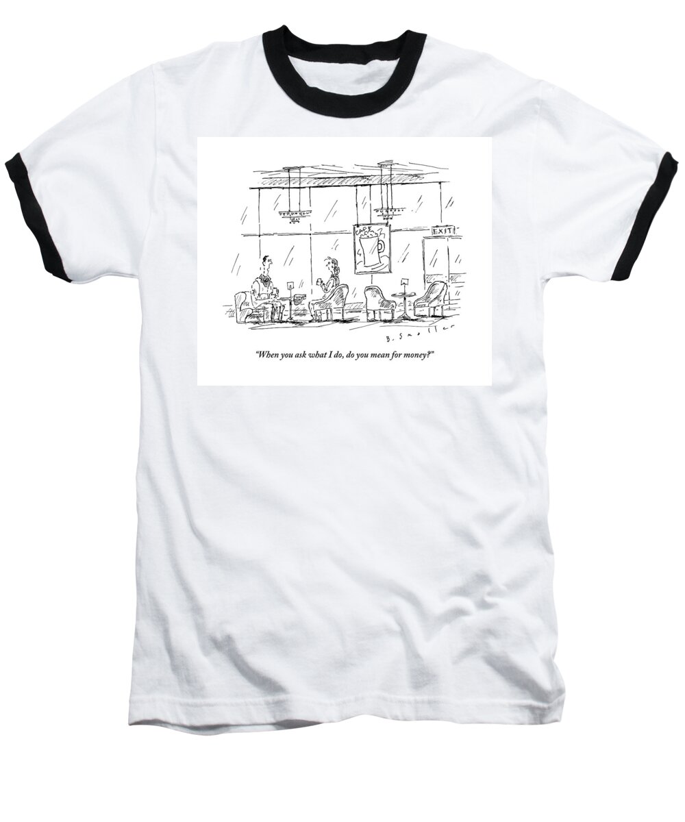 Dates Baseball T-Shirt featuring the drawing A Woman Sits In A Coffee Lounge With A Man by Barbara Smaller