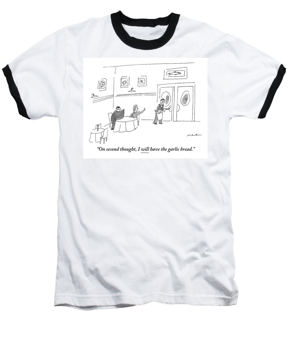 Vampires Baseball T-Shirt featuring the drawing A Woman Sitting At A Table With A Vampire Says by Michael Maslin