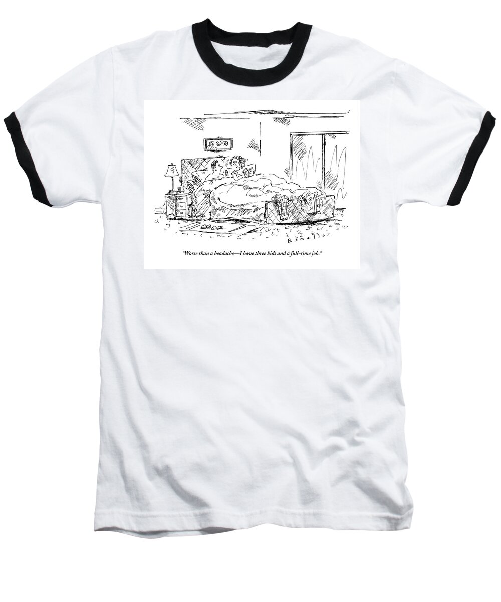 Husband Baseball T-Shirt featuring the drawing A Woman Speaks To Her Husband In Bed As She Reads by Barbara Smaller