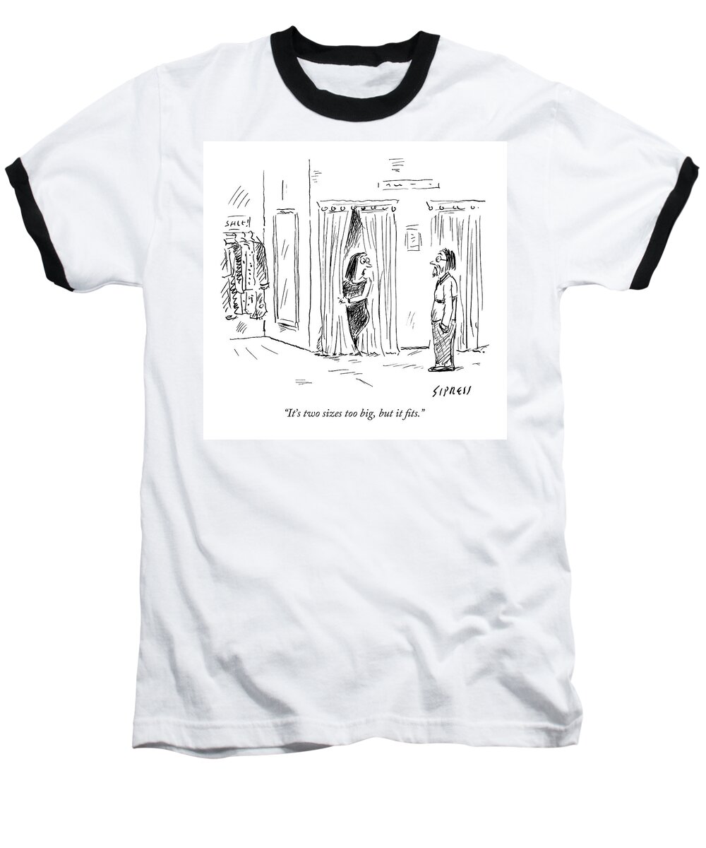 Clothing Baseball T-Shirt featuring the drawing A Woman Speaks To Her Husband While Peering by David Sipress