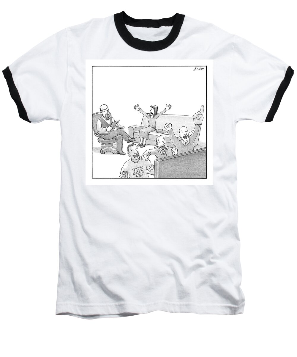 Cctk Baseball T-Shirt featuring the drawing A Woman Talks Angrily To A Therapist While Others by Harry Bliss